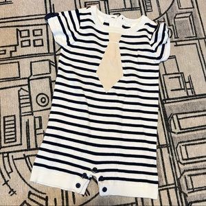 FAO Schwarz knit romper, striped with tie, navy white, preppy, classic